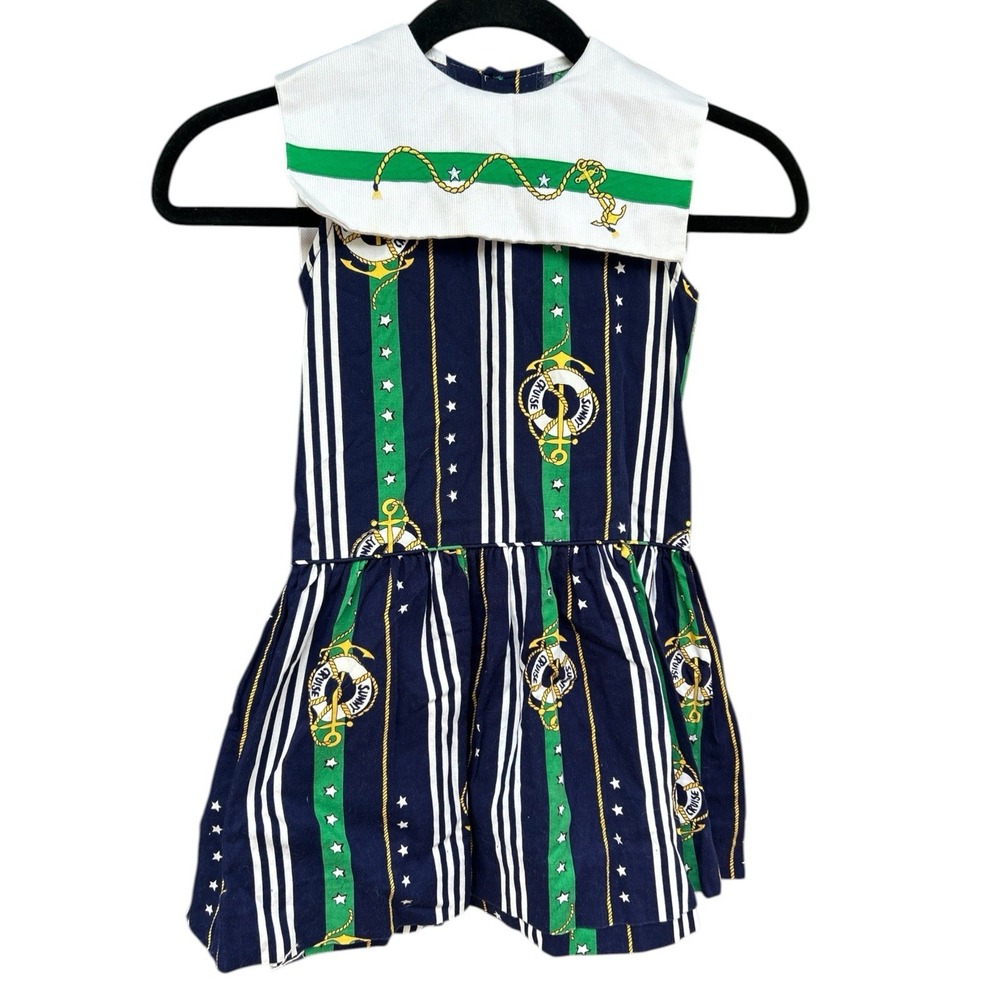 Vintage 90s Girls Nautical Sailor Cruise Dress 4 Years Unique AOP USA Made Navy